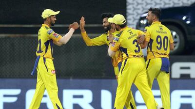 Chennai Super Kings players celebrates the wicket of Chris Gayle of Punjab Kings during match 8 of the Vivo Indian Premier League 2021 between the Punjab Kings and the Chennai Super Kings held at the Wankhede Stadium Mumbai on the 16th April 2021. Photo by Deepak Malik/ Sportzpics for IPL