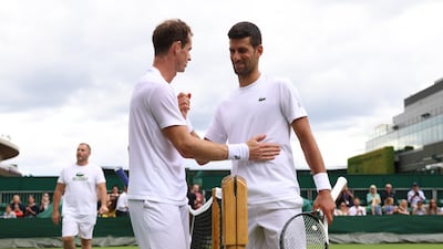 Andy Murray and Novak Djokovic after a practice session at the All England Club. Getty