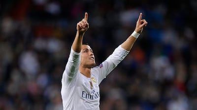 Cristiano Ronaldo of Real Madrid celebrates after scoring the team's third goal in their 4-0 win over Shakhtar Donetsk in the Champions League on Tuesday night. Denis Doyle / Getty Images / September 15, 2015