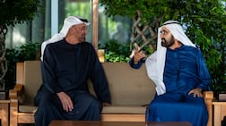 President Sheikh Mohamed meets Sheikh Mohammed bin Rashid, Vice President and Ruler of Dubai, at Al Marmoom. Photo: UAE Presidential Court