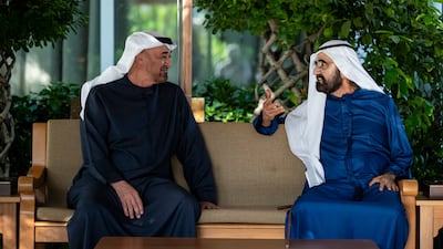 President Sheikh Mohamed meets Sheikh Mohammed bin Rashid, Vice President and Ruler of Dubai, at Al Marmoom. Photo: UAE Presidential Court