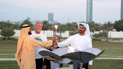 Sheikh Mohamed bin Rashid, Vice President of the UAE and Ruler of Dubai and Sheikh Mohamed bin Zayed, Crown Prince of Abu Dhabi and Deputy Supreme Commander of the UAE Armed Forces hold the Special Olympics torch during the Determination Retreat at the Presidential Palace. All photos Ministry of Presidential Affairs