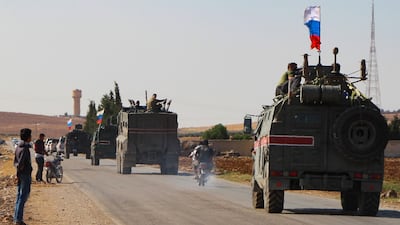 A convoy of Russian military vehicles drives toward the northeastern city of Kobani. Russian forces in Syria headed for the border with Turkey today to ensure Kurdish fighters pull back after a deal between Moscow and Ankara wrested control of the Kurds' entire heartland. AFP