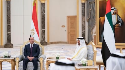 Sheikh Mohamed bin Zayed, Crown Prince of Abu Dhabi and Deputy Supreme Commander of the UAE Armed Forces, and Egypt's President Abdel Fattah El Sisi meet in Qasr Al Watan in Abu Dhabi on Thursday. Courtesy Sheikh Mohamed bin Zayed Twitter