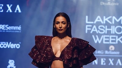 Malaika Arora walks for designer Diya Rajvvir at Lakme Fashion Week. Photo: Sujit Jaiswal / AFP