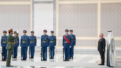 Sheikh Mohamed bin Zayed, Crown Prince of Abu Dhabi and Deputy Supreme Commander of the Armed Forces, and King Abdullah II inspect the honour guard.