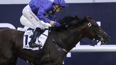 Christophe Soumillion atop Thunder Snow races to victory in the UAE Derby on March 25, 2017. Christopher Pike / The National