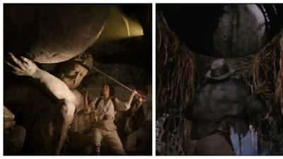 The famous rolling boulder scene from Raiders of the Lost Ark, right, is echoed in the latest movie