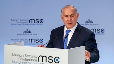 Israeli Prime Minister Benjamin Netanyahu speaks during the 54th Munich Security Conference on February 18, 2018. Ronald Wittek / EPA