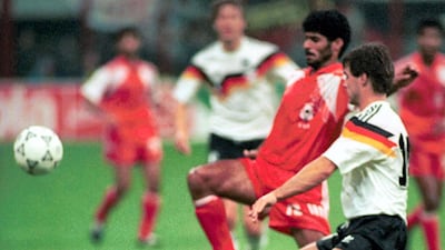 The UAE's Adnan Al Talyani challenges West Germany's Guido Buchwald. AFP Photo