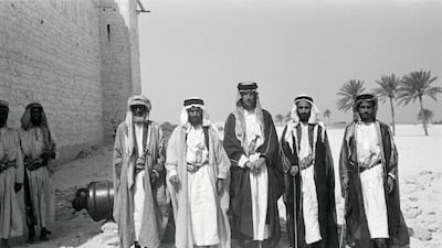 From left, unidentified sheikh of the Naim tribe, Sheikh Hazaa bin Sultan Al Nahyan, Wilfred Thesiger, Sheikh Shakhbut bin Sultan Al Nahyan, and Sheikh Khalid bin Sultan Al Nahyan. Photo: Wilfred Patrick Thesiger / Pitt Rivers Museum, University of Oxford