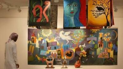 Artwork by children from Iraq on display in the Sharjah International Biennial for Children's Arts at the emirate's Art Museum. Pawan Singh / The National