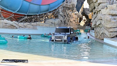 Episode 4 Picture Shows: Richard Hammond driving the Mercedes Benz G63 6x6 through Yas Waterworld in Abu Dhabi. Courtesy BBC