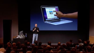 At a 2010 Apple Event, Steve Jobs said that tests proved that a touchscreen MacBook wouldn't be appealing. Photo: YouTube