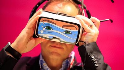 A Samsung Gear VR headset, which was similar to those used by attendees during the company’s unveiling of new flagship Galaxy S7 and S7 Edge smartphones. Pau Barrena / Bloomberg