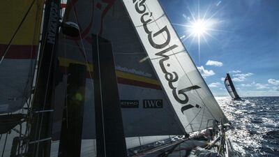 Abu Dhabi Ocean Racing's Azzam yacht chased down the Dongfeng Race Team boat, pictured ahead, coming out of the Cape Verde archipelago to take a lead heading into the gust-starved 'Doldrums' of the Atlantic Ocean off the African coast. Matt Knighton / Abu Dhabi Ocean Racing / Volvo Ocean Race