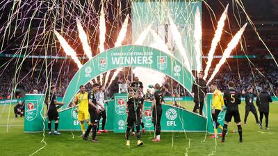 Manchester City players celebrate their League Cup final win over Aston Villa at Wembley, London, on Sunday, March 1. Reuters