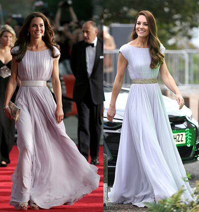 Left: Catherine, Duchess of Cambridge arrives at the Bafta Brits to Watch event held in Los Angeles on July 9, 2011 in Los Angeles, California. Right: Wearing the same Alexander McQueen for to arrive at the Earthshot Prize ceremony in London on October 18, 2021. Getty Images