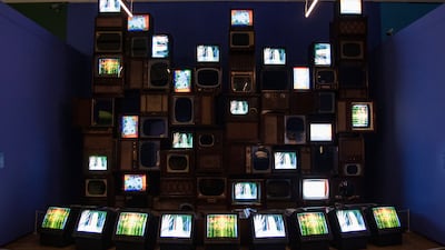 'Mirage Stage' is a video installation by Nam June Paik, created in 1986. It features 33 TV monitors. AP