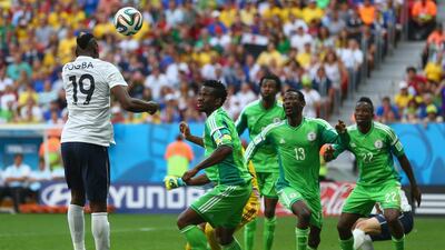 Paul Pogba of France scores his team's first goal on a header to make it 1-0 against Nigeria on Monday at the 2014 World Cup in Brasilia, Brazil. Jeff Gross / Getty Images