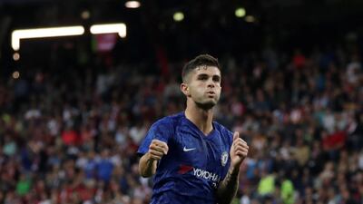Christian Pulisic celebrates the first of his two goals for Chelsea. Reuters