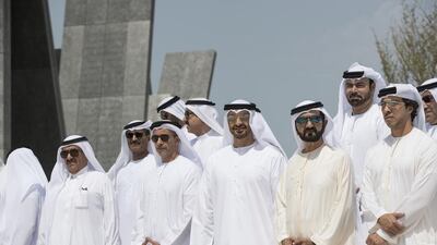 From right: Sheikh Mansour bin Zayed, Deputy Prime Minister and Minister of Presidential Affairs, Mohammed Abdulla Al Gergawi, Minister of Cabinet Affairs and the Future, second row, Sheikh Mohammed bin Rashid, Sheikh Mohammed bin Zayed, Sheikh Saif bin Zayed, Deputy Prime Minister and Minister of Interior, Dr Abdullah bin Mohammed Al Nuaimi, Minister of Infrastructural Development, and Sheikh Hamdan bin Rashid, Deputy Ruler of Dubai, at Wahat Al Karama. Ryan Carter / Crown Prince Court - Abu Dhabi