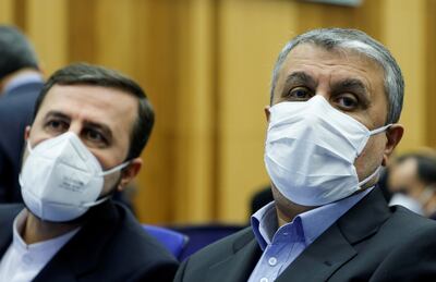 Kazem Gharibabadi, left, of Iran's foreign ministry, with its atomic energy agency chief Mohammad Eslami at an IAEA conference in Vienna in 2021. Reuters