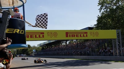 Max Verstappen crosses the finish line in Monza. AP