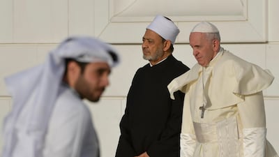 Pope Francis and Dr Ahmed Al Tayeb, the Grand Imam of Al Azhar stand for a photo outside Sheikh Zayed Grand Mosque. Reuters
