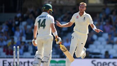England's Stuart Broad celebrates after clean bowling Australia batsman Marcus Harris at The Oval. AFP