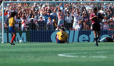 Andres Escobar of Colombia reacts after scoring an own goal during the World Cup Group A match between the United States and Colombia on June 22, 1994, in Los Angeles. Getty