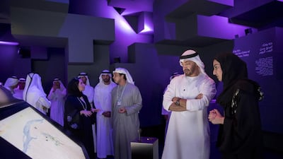 Sheikh Mohammed bin Zayed, Crown Prince of Abu Dhabi and Deputy Supreme Commander of the Armed Forces, tours the Museum of the Future exhibit at the World Government Summit. With him is Sheikh Mansour bin Zayed, Deputy Prime Minister and Minister of Presidential Affairs, back centre. Mohamed Al Hammadi / Crown Prince Court - Abu Dhabi