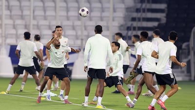 UAE players train ahead of their World Cup qualifier against Oman at the Jassim Bin Hamed Stadium in Doha, Qatar. All images Chris Whiteoak / The National