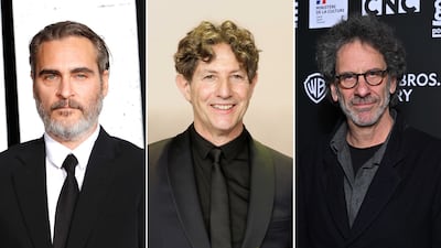 Oscar winners Joaquin Phoenix, left, and Joel Coen, right, are publicly backing Jonathan Glazer after his speech 'refuting his Jewishness' following the war in Gaza. EPA; Getty Images