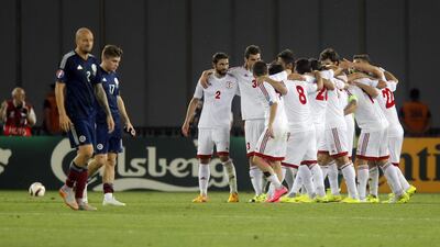 Georgia's players celebrate the winning against Scotland during their Uefa Euro 2016 Group D qualifying match at Tbilisi, Georgia, 04 September 2015. Georgia won 1-0. Zurab Kurtsikidze / EPA