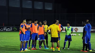 Emirati coach Abdullah Misfir gives the UAE U19 national team some instructions at training. Beat Indonesia by more two goals or more and the UAE will advance to the quarter-finals of the Asian U19 Championships. Courtesy UAE FA