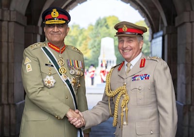 Sir Nick Carter greets Pakistan’s Army Chief, General Bajwa in 2018. Ministry Of Defence/Twitter