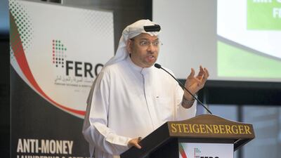 Osama Al Rahma, chief executive of Al Fardan Exchange and vice chairman of the Foreign Exchange & Remittance Group (FERG), speaking at an anti-money laundering meeting in Dubai Sunday. Leslie Pableo / The National