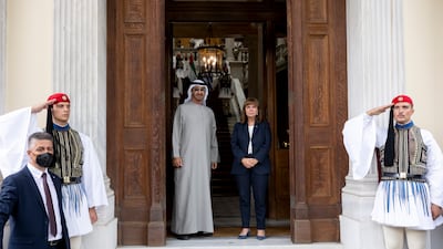 President Sheikh Mohamed and Greek President Katerina Sakellaropoulou stand for a photograph before a reception at the Presidential Mansion in Athens. All photos: Presidential Court