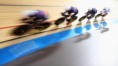The French team pursuit riders Adrien Garel, Morgan Kneisky, Louis Pijourlet and Benjamin Thomase compete in the men’s final race in Apeldoorn, Netherlands. Dean Mouhtaropoulos / Getty Images