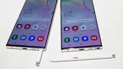The Samsung Galaxy Note 10, right, and the Galaxy Note 10 Plus are on display. AP Photo