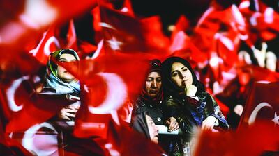Women at a ‘Yes’ pro-government referendum rally on March 5, in Istanbul. Ozan Kose / AFP.