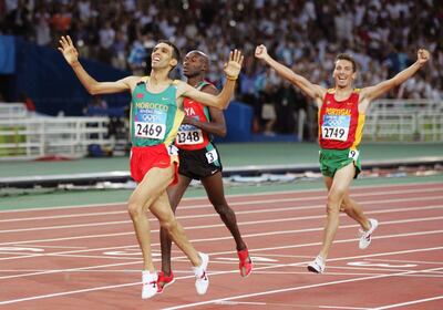 Hicham El Guerrouj crosses the finish line to win the 1500m at the 2004 Athens Olympic Games. EPA