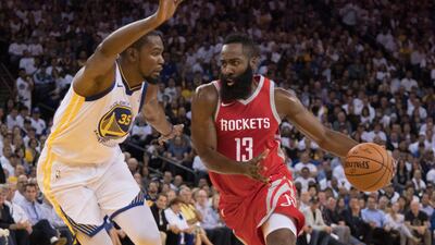 James Harden, right, led the way for the Houston Rockets in the win over Golden State Warriors with 27 points. Kyle Terada / USA Today