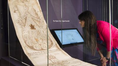 One of the ‘Ripley Scrolls’, an Alchemical scroll from England (first half of 16th century), Latin and Middle English, ink and wash on paper, mounted on linen. Courtesy the Fitzwilliam Museum, Cambridge.