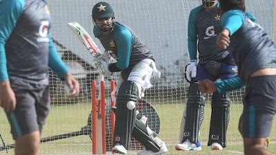 Babar Azam bats during a practice session in Lahore. AFP