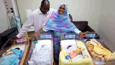 Mubarak El Busher Abdullah and his wife El Shima Kamel Deen with their newborn quadruplets at the Corniche Hospital in Abu Dhabi. Silvia Razgova / The National