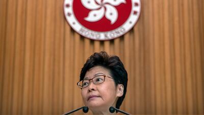 Hong Kong Chief Executive Carrie Lam listens to a journalist's question during a press conference at the government building in Hong Kong, Tuesday, October 15, 2019. AP