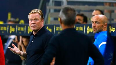 Barcelona manager Ronald Koeman reacts after he is shown a red card by referee Carlos del Cerro Grande. Reuters