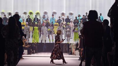 British journalist and editor-in-chief of 'Vogue' Anna Wintour, centre, on the runway at The Hammerstein Ballroom in New York. AFP